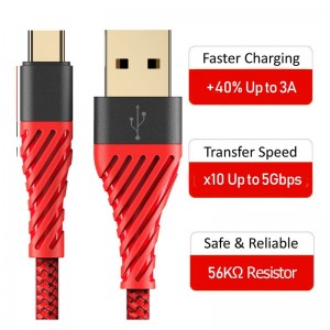 Cable USB C 3.0, cable USB Tipo C Carga rápida Cable USB a teléfono móvil para Samsung Galaxy S8, S9 Plus, Nota 8, LG v20, G6, G5, v30, Google Pixel 2 XL, Nexus 6-3 Pack rojo